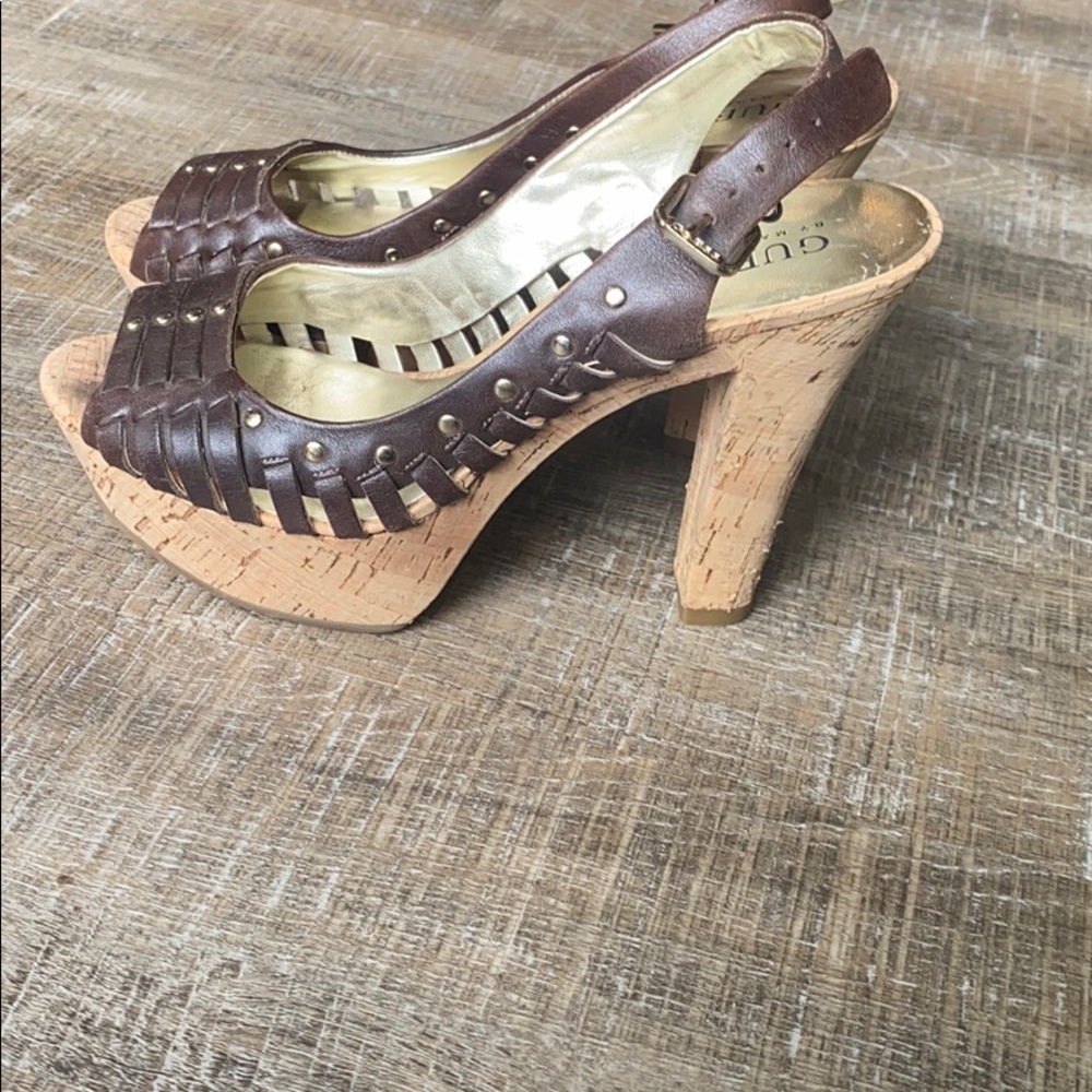 Guess gold studded cork heels